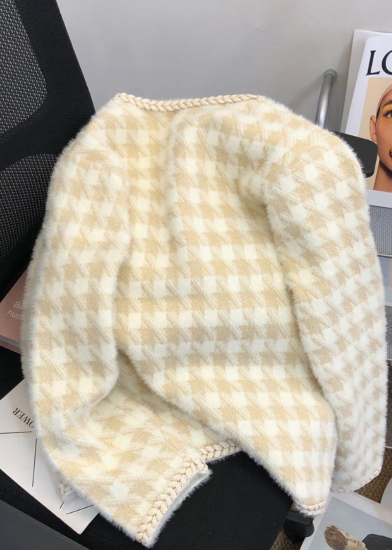 Fransk Beige Plaid Knap Lommer Mink Hår Strikket Frakke Fall - Dame cardigans