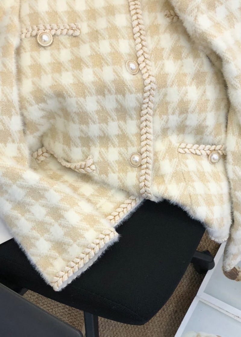 Fransk Beige Plaid Knap Lommer Mink Hår Strikket Frakke Fall - Dame cardigans