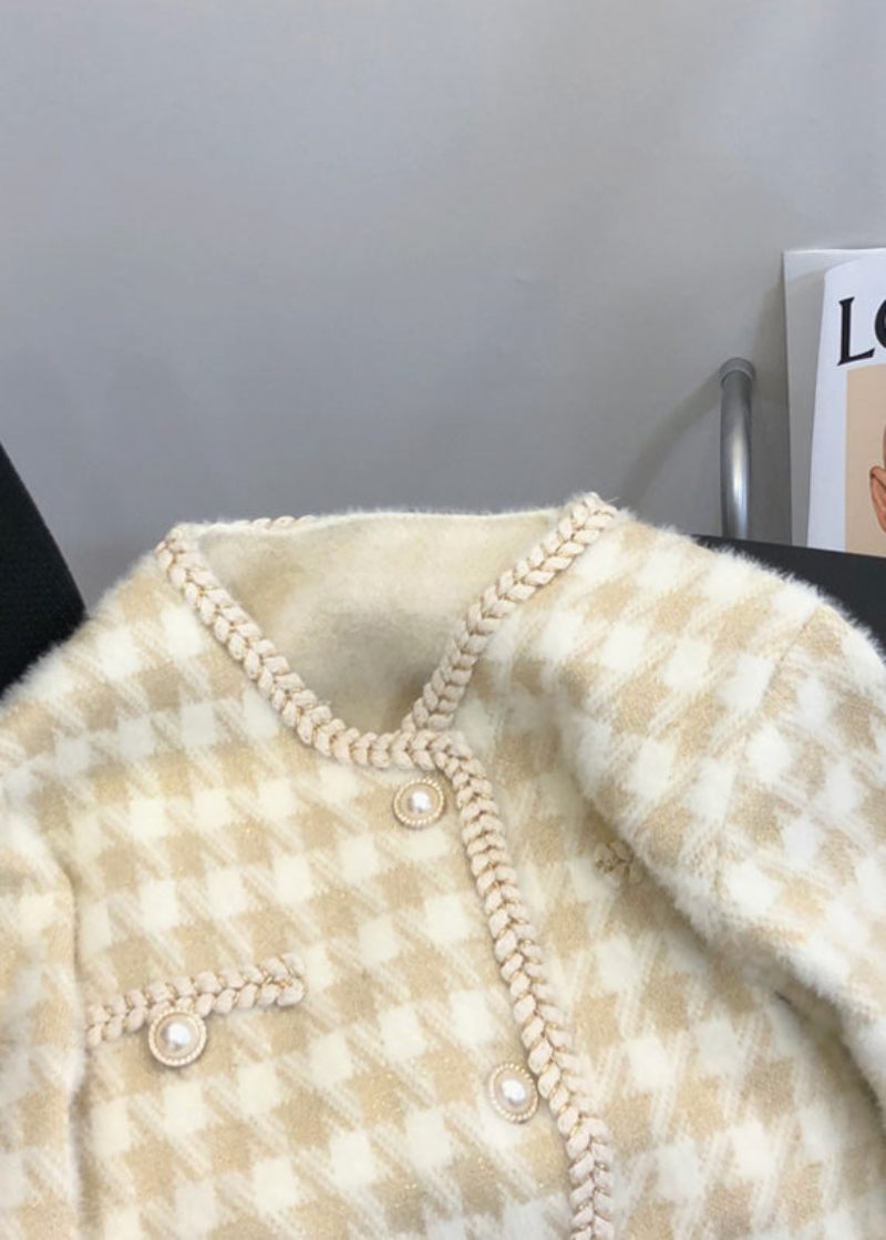 Fransk Beige Plaid Knap Lommer Mink Hår Strikket Frakke Fall - Dame cardigans