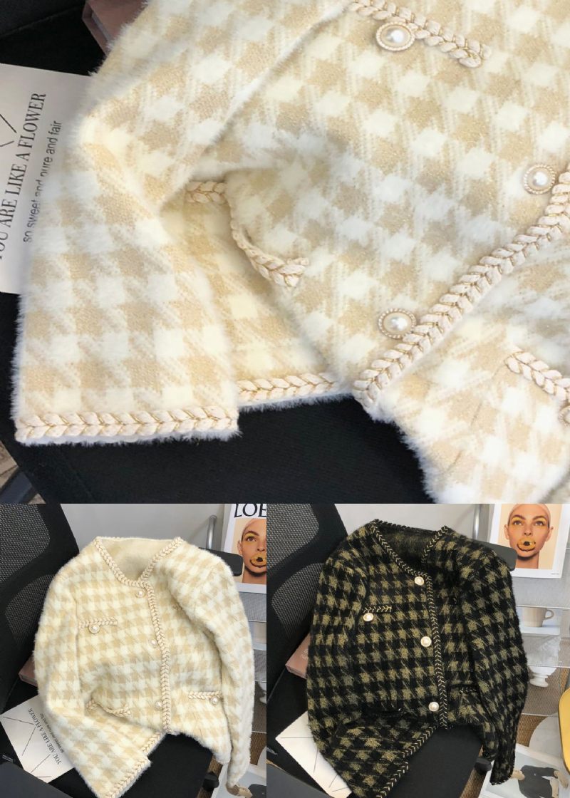 Fransk Beige Plaid Knap Lommer Mink Hår Strikket Frakke Fall - Dame cardigans