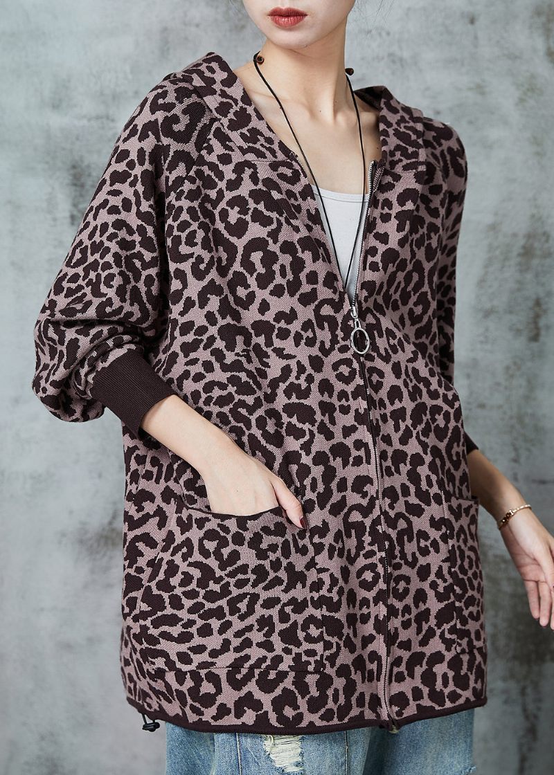 Fransk Khaki Oversized Leopard Print Strik Cardigan Spring