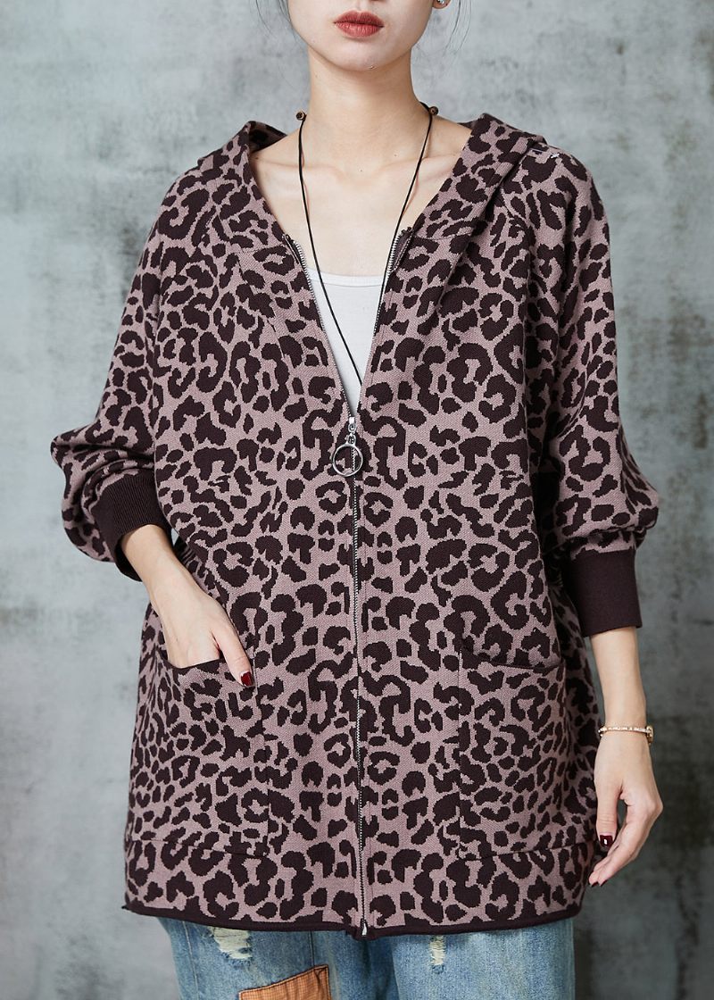 Fransk Khaki Oversized Leopard Print Strik Cardigan Spring - Dame cardigans