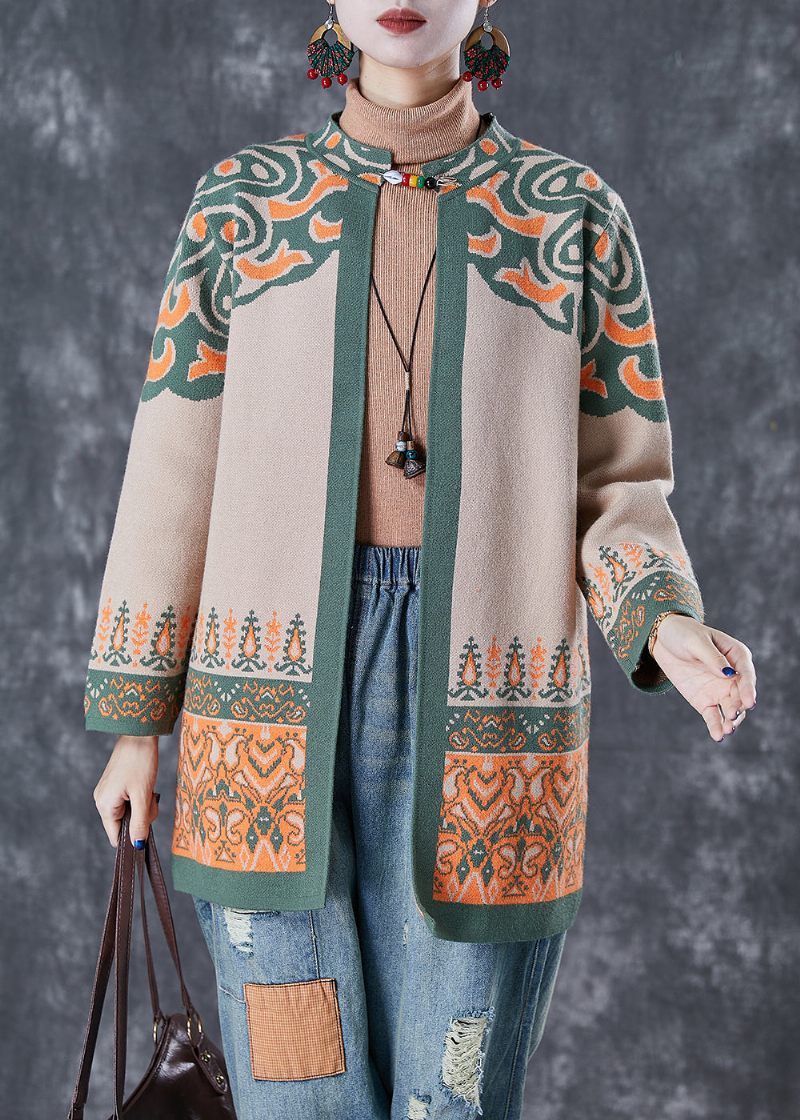 Fransk Light Camel Oversized Print Bomuld Cardigan Fall