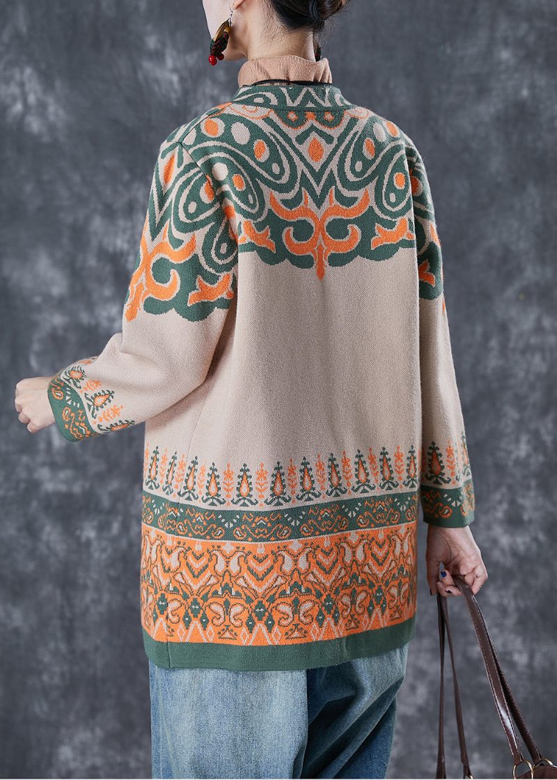 Fransk Light Camel Oversized Print Bomuld Cardigan Fall - Dame cardigans