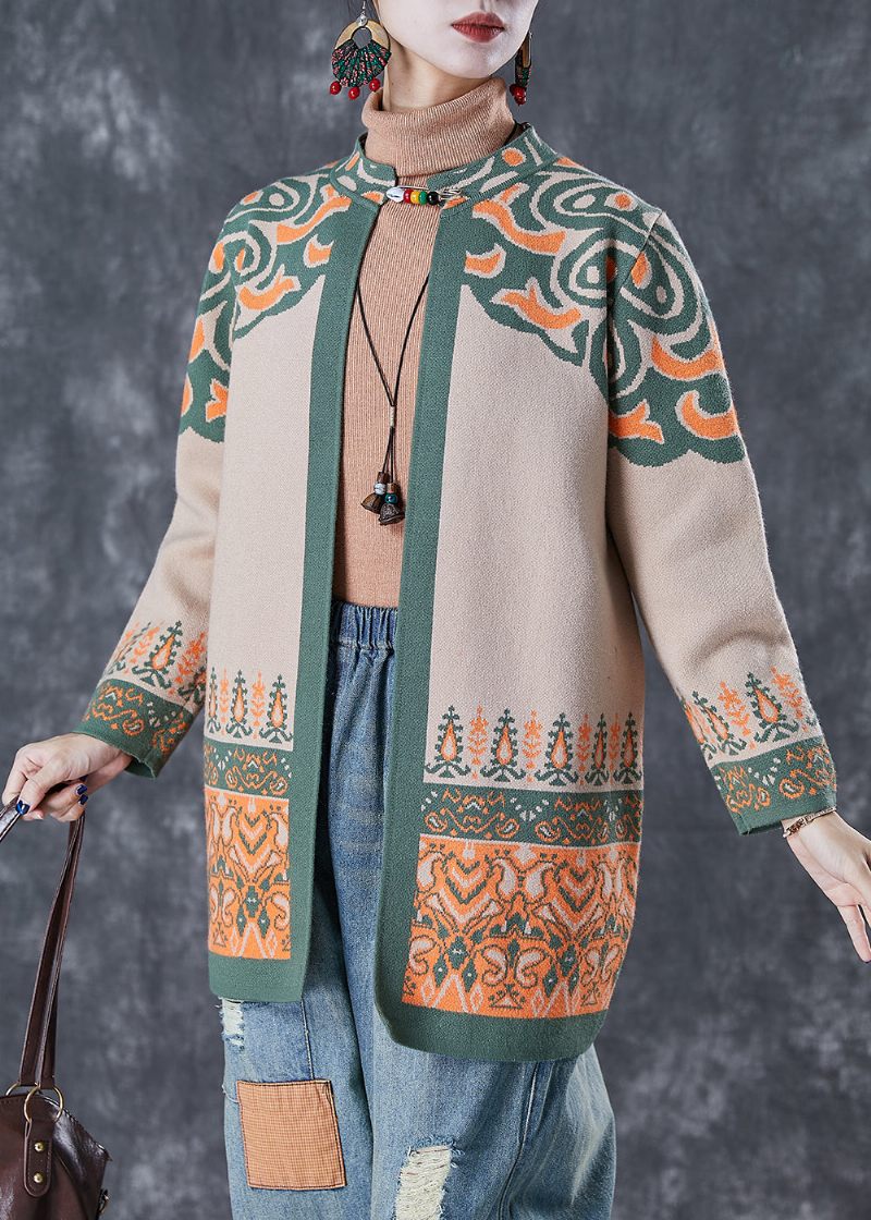 Fransk Light Camel Oversized Print Bomuld Cardigan Fall - Dame cardigans