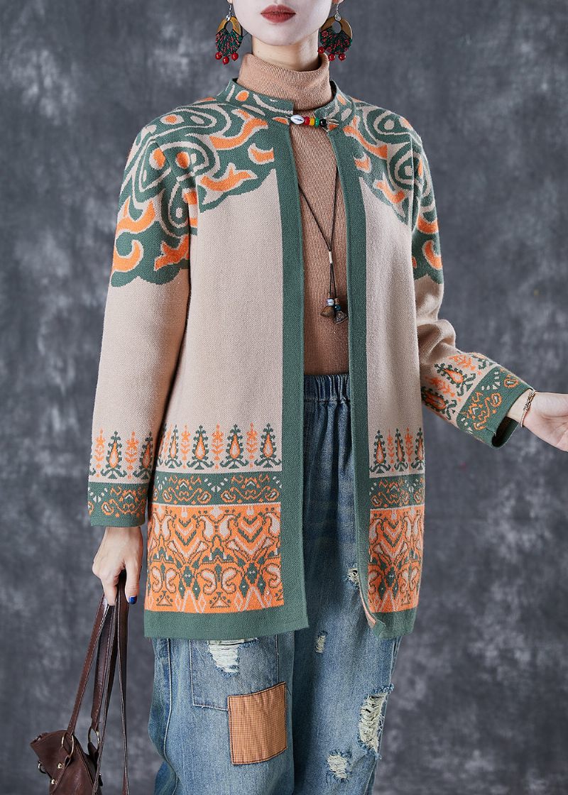 Fransk Light Camel Oversized Print Bomuld Cardigan Fall - Dame cardigans