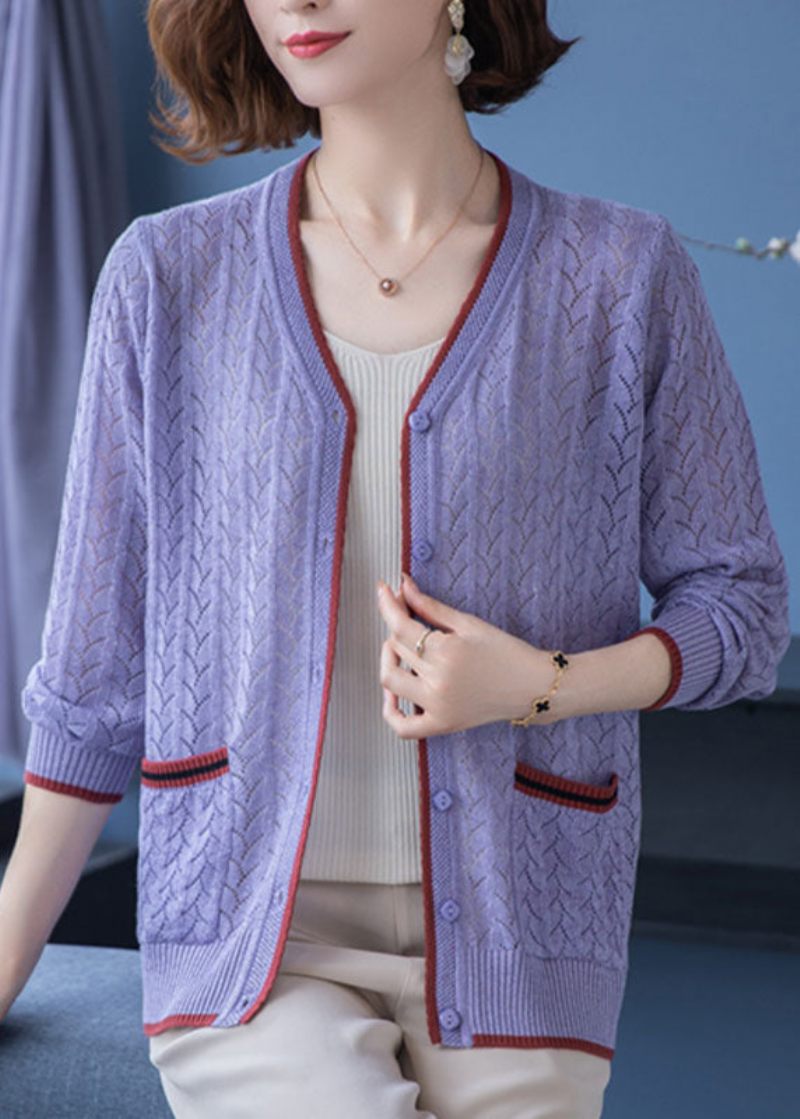 Fransk Lys Kamel V-hals Lommer Hul Ud Patchwork Tynd Strik Cardigan Efterår - Dame cardigans