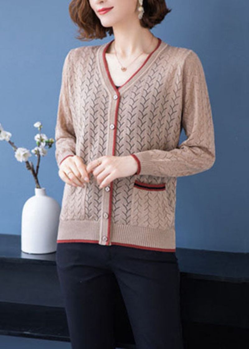 Fransk Lys Kamel V-hals Lommer Hul Ud Patchwork Tynd Strik Cardigan Efterår - Dame cardigans