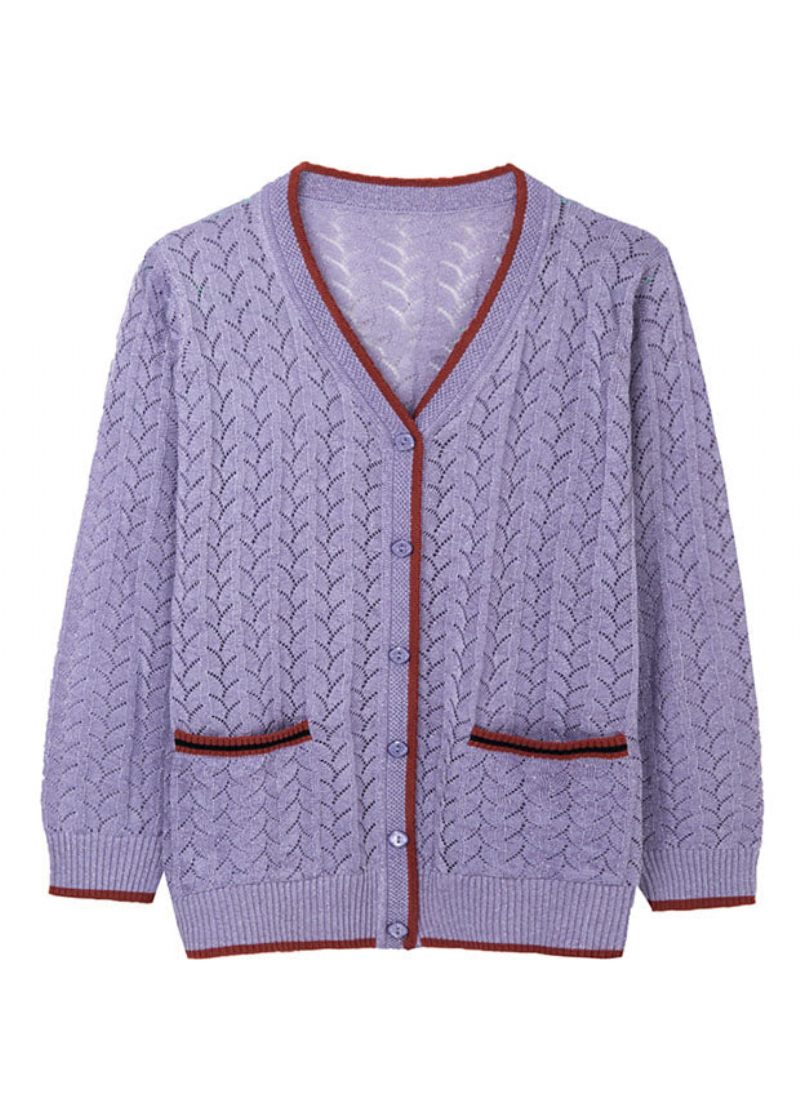 Fransk Lys Kamel V-hals Lommer Hul Ud Patchwork Tynd Strik Cardigan Efterår - Dame cardigans