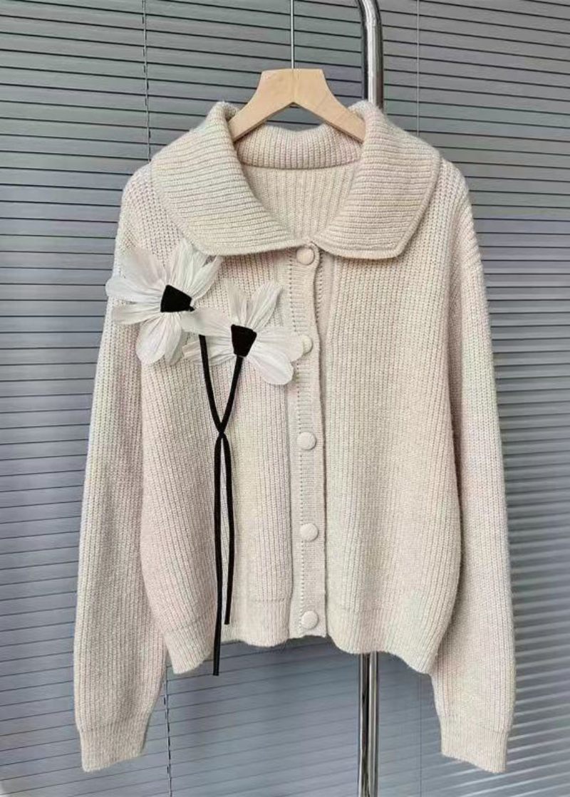 Fransk Lys Khaki Blomsterknap Patchwork Strik Cardigans Efterår