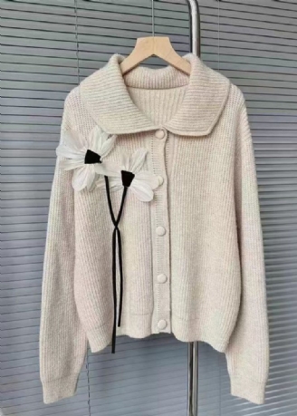 Fransk Lys Khaki Blomsterknap Patchwork Strik Cardigans Efterår