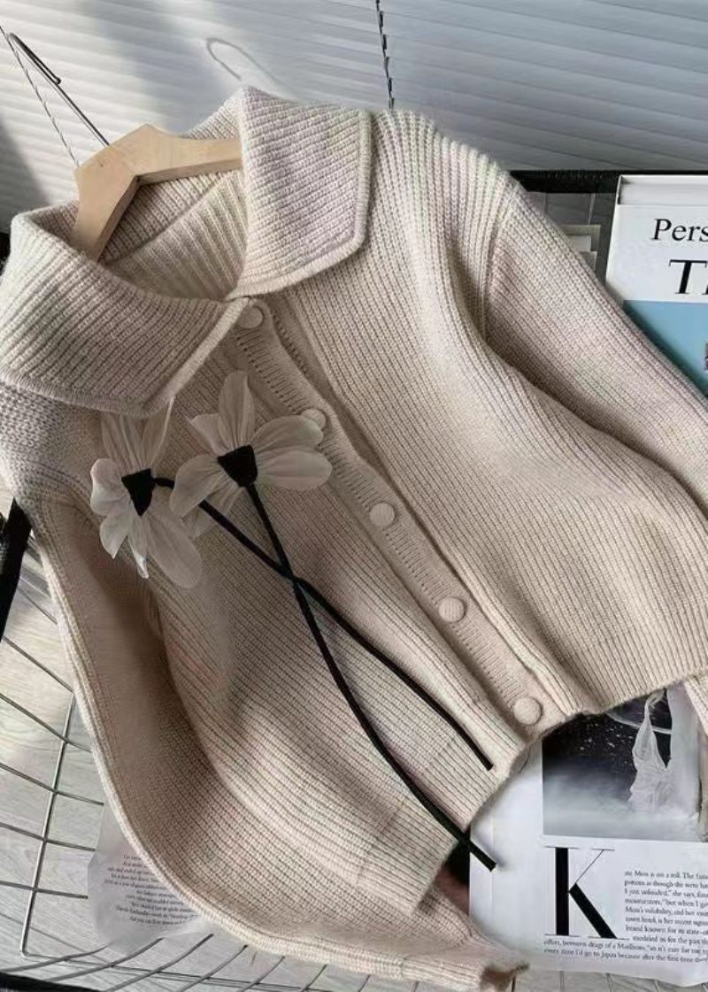 Fransk Lys Khaki Blomsterknap Patchwork Strik Cardigans Efterår - Dame cardigans