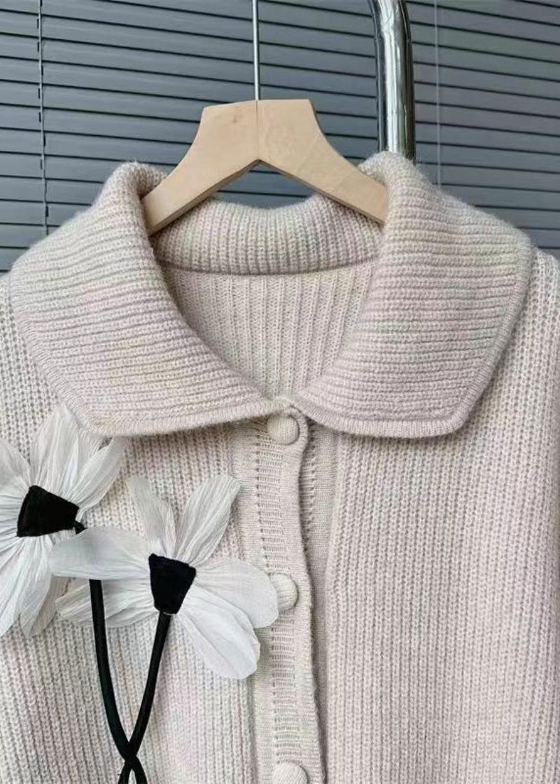 Fransk Lys Khaki Blomsterknap Patchwork Strik Cardigans Efterår - Dame cardigans