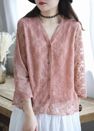 Fransk Pink Broderet Loose Cardigans Langærmet Bomuld