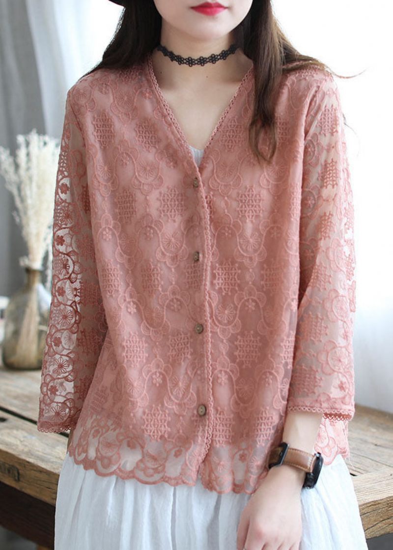 Fransk Pink Broderet Loose Cardigans Langærmet Bomuld - Pink