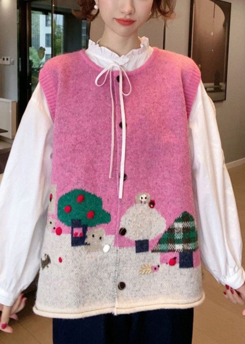 Fransk Pink Knap Patchwork Bomuld Strik Vest Ærmeløs