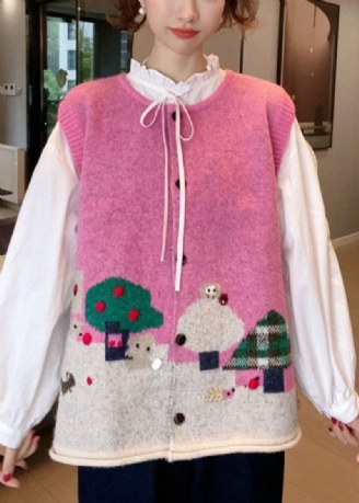 Fransk Pink Knap Patchwork Bomuld Strik Vest Ærmeløs