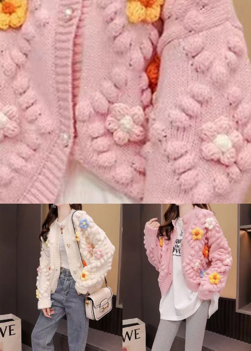 Fransk Pink O-hals Blomster Patchwork Strik Cardigan Efterår - Dame cardigans