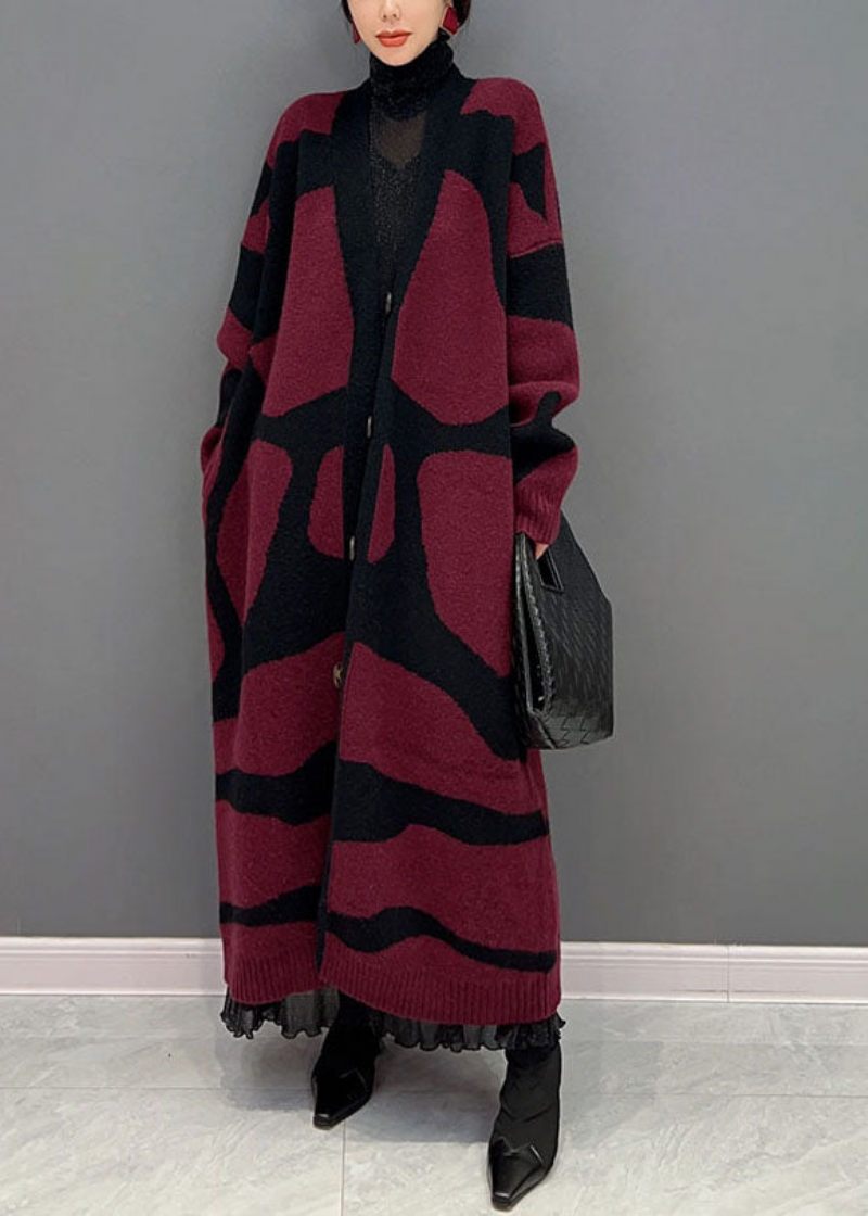 Fransk Rød Oversized Print Strik Lang Cardigan Vinter