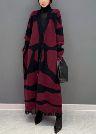 Fransk Rød Oversized Print Strik Lang Cardigan Vinter