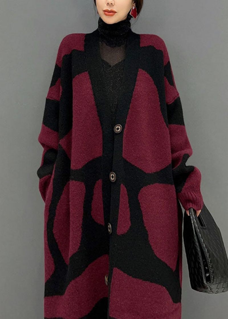 Fransk Rød Oversized Print Strik Lang Cardigan Vinter - Dame cardigans