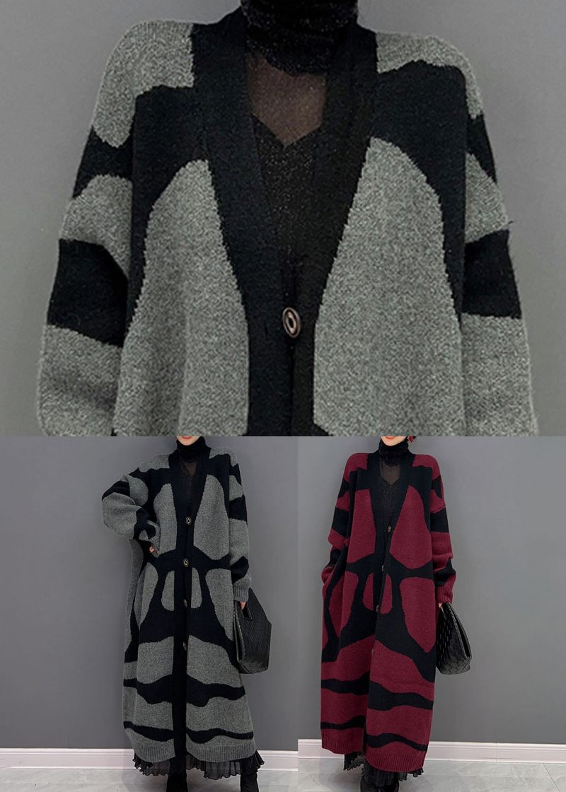 Fransk Rød Oversized Print Strik Lang Cardigan Vinter - Dame cardigans