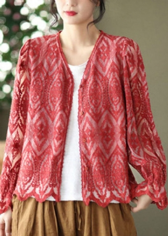 Fransk Rød V-hals Patchwork Blonde Cardigans Forår