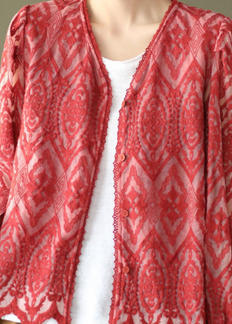 Fransk Rød V-hals Patchwork Blonde Cardigans Forår - Dame cardigans