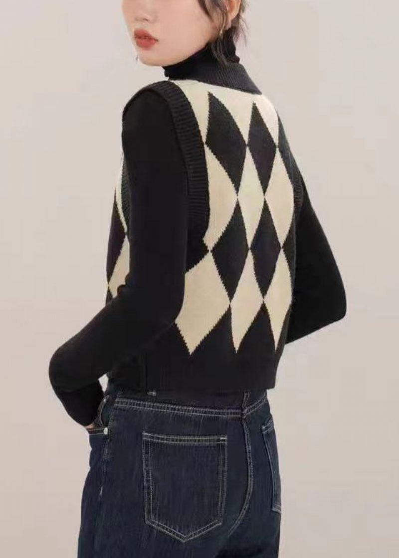 Fransk Sort V-hals Knap Patchwork Strik Vest Ærmeløs - Dame cardigans