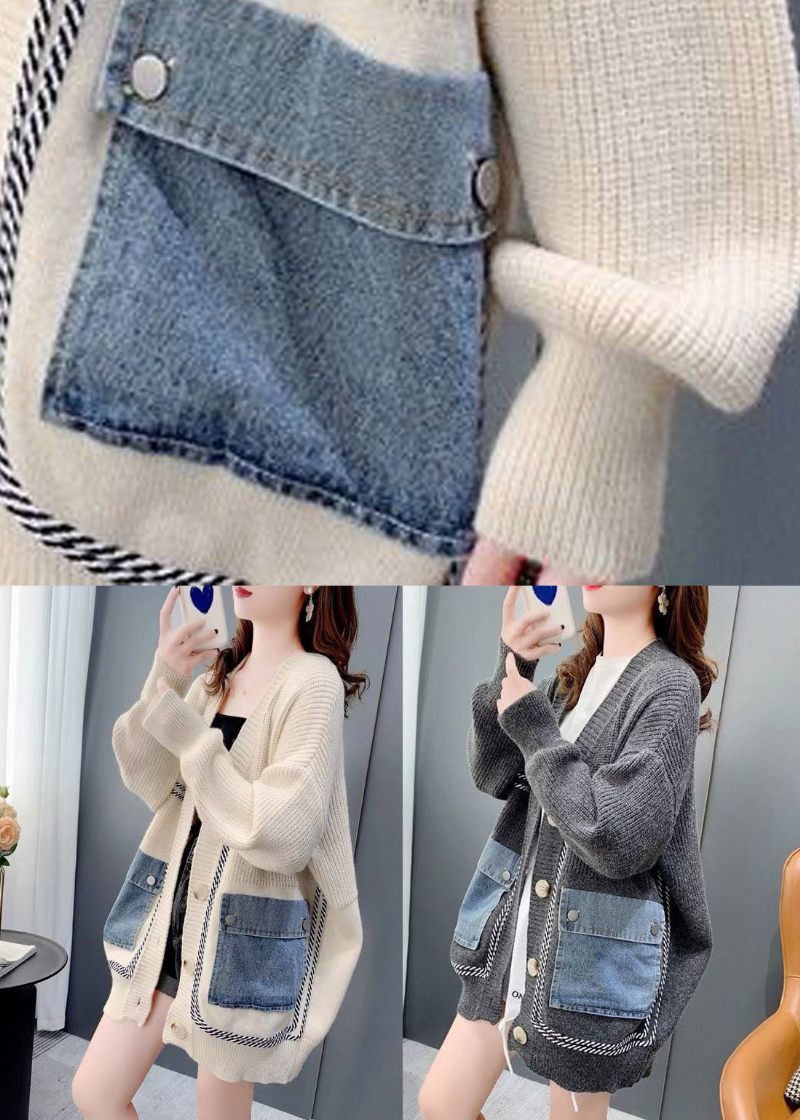 Grå Patchwork Denim Strik Løse Cardigans V-halslommer Vinter - Dame cardigans