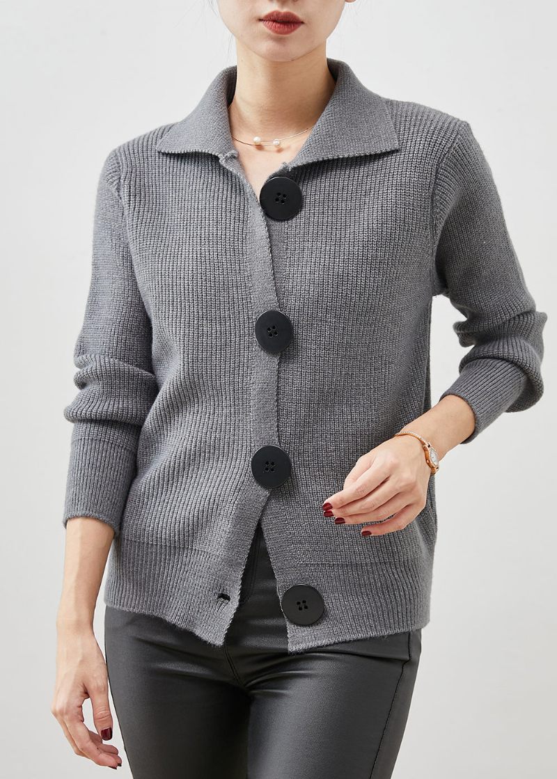 Grå Tyk Strik Cardigan Peter Pan Krave Button Down Spring - Dame cardigans