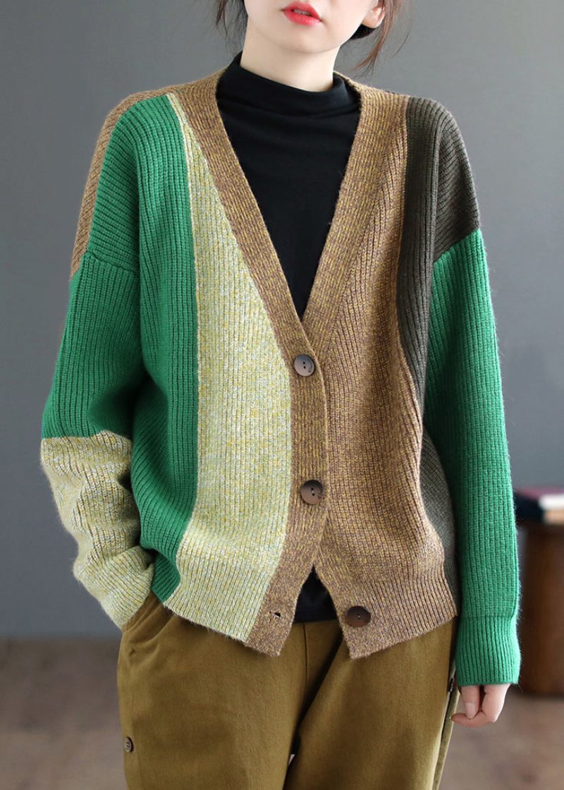 Grøn Patchwork Strikning Cardigan Top V-hals Langærmet