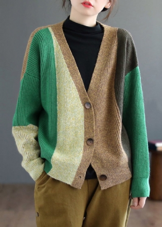 Grøn Patchwork Strikning Cardigan Top V-hals Langærmet