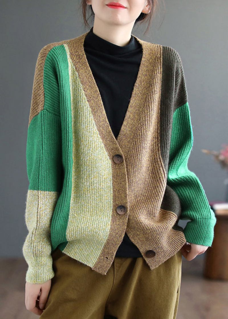 Grøn Patchwork Strikning Cardigan Top V-hals Langærmet - Dame cardigans