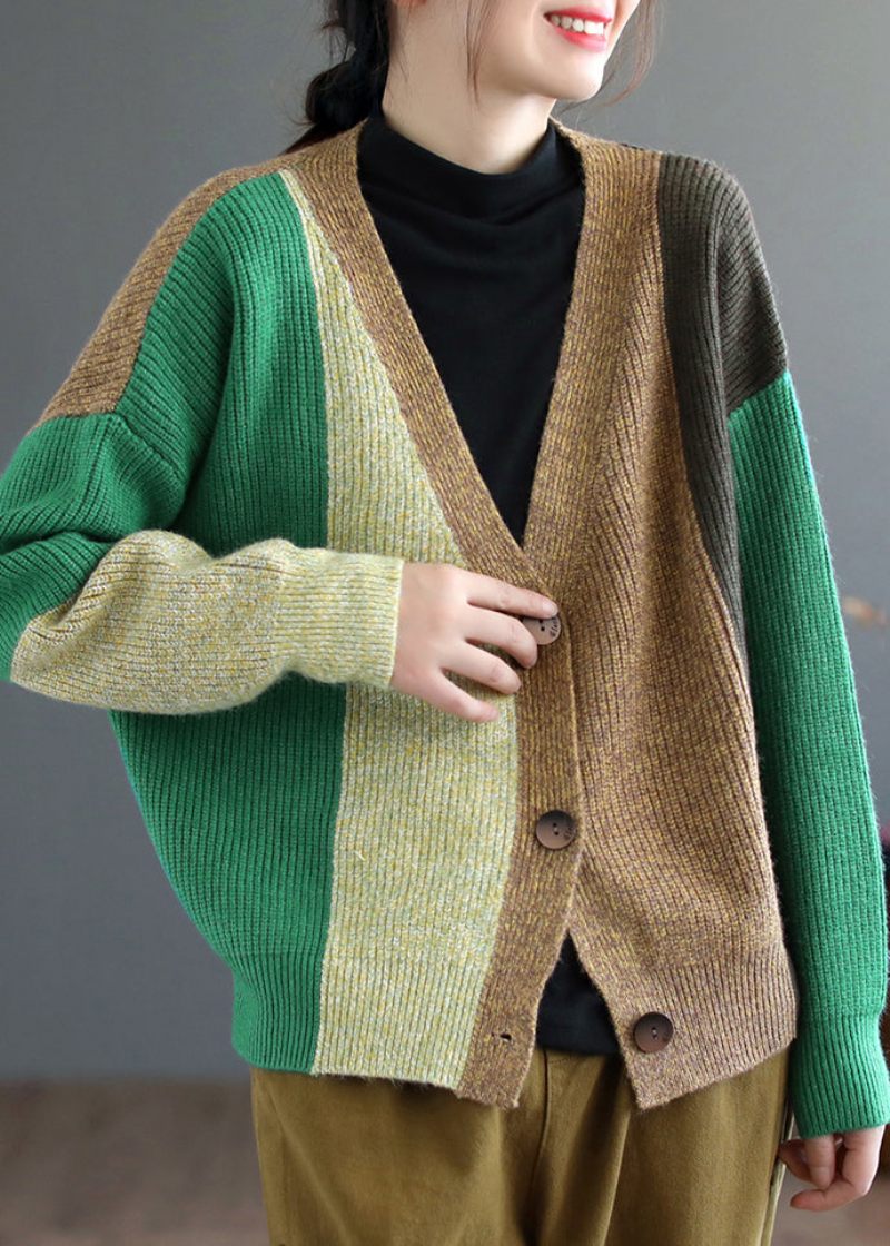 Grøn Patchwork Strikning Cardigan Top V-hals Langærmet - Dame cardigans