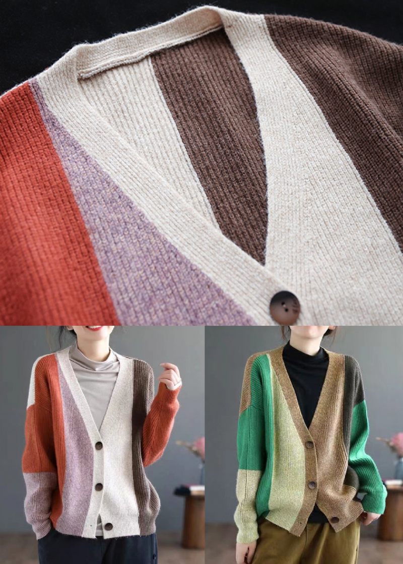 Grøn Patchwork Strikning Cardigan Top V-hals Langærmet - Dame cardigans