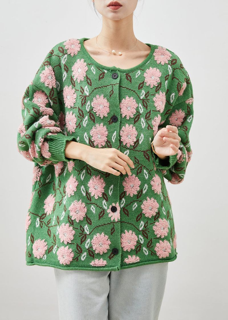 Grønne Blomster Jacquard Cozy Strik Cardigans Oversized Vinter - Dame cardigans