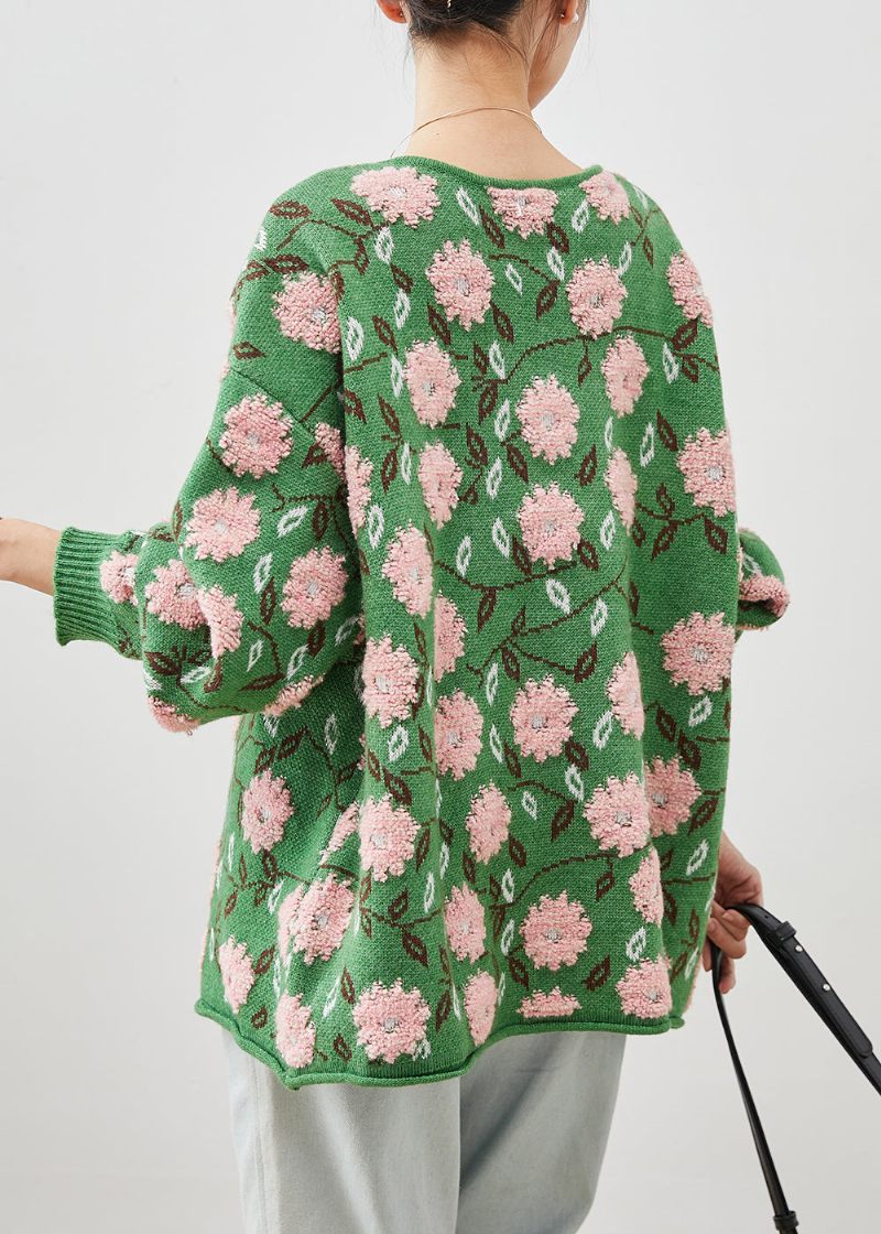 Grønne Blomster Jacquard Cozy Strik Cardigans Oversized Vinter - Dame cardigans