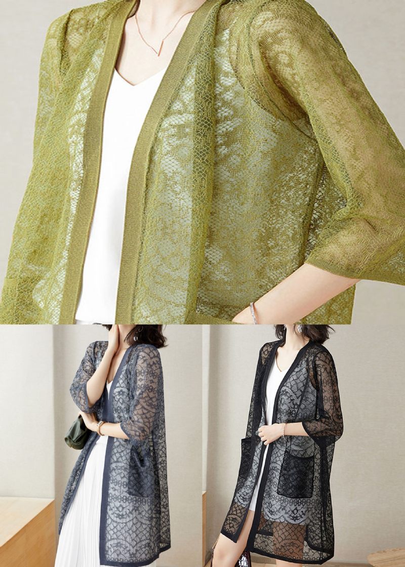 Håndlavede Grå V-halslommer Patchwork Blonde Cardigan Sommer - Dame cardigans