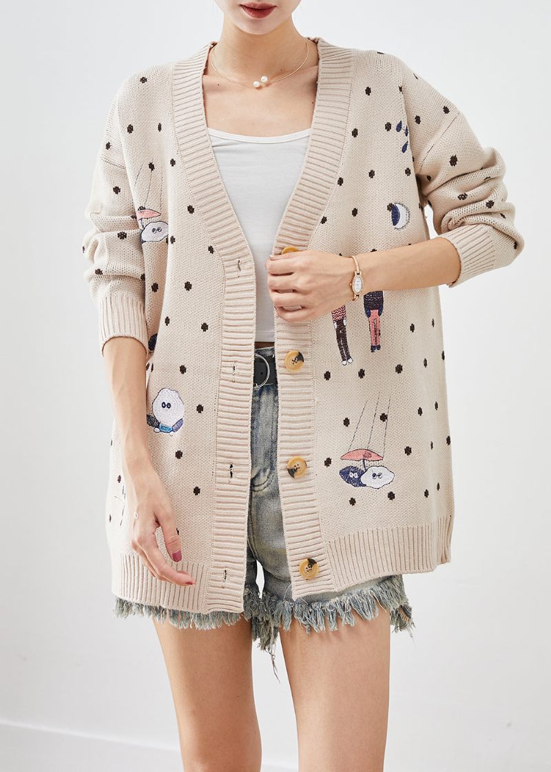 Håndlavet Beige Oversized Tegneserie Print Strik Cardigan Efterår