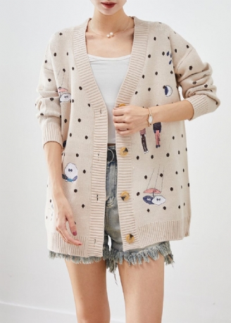 Håndlavet Beige Oversized Tegneserie Print Strik Cardigan Efterår