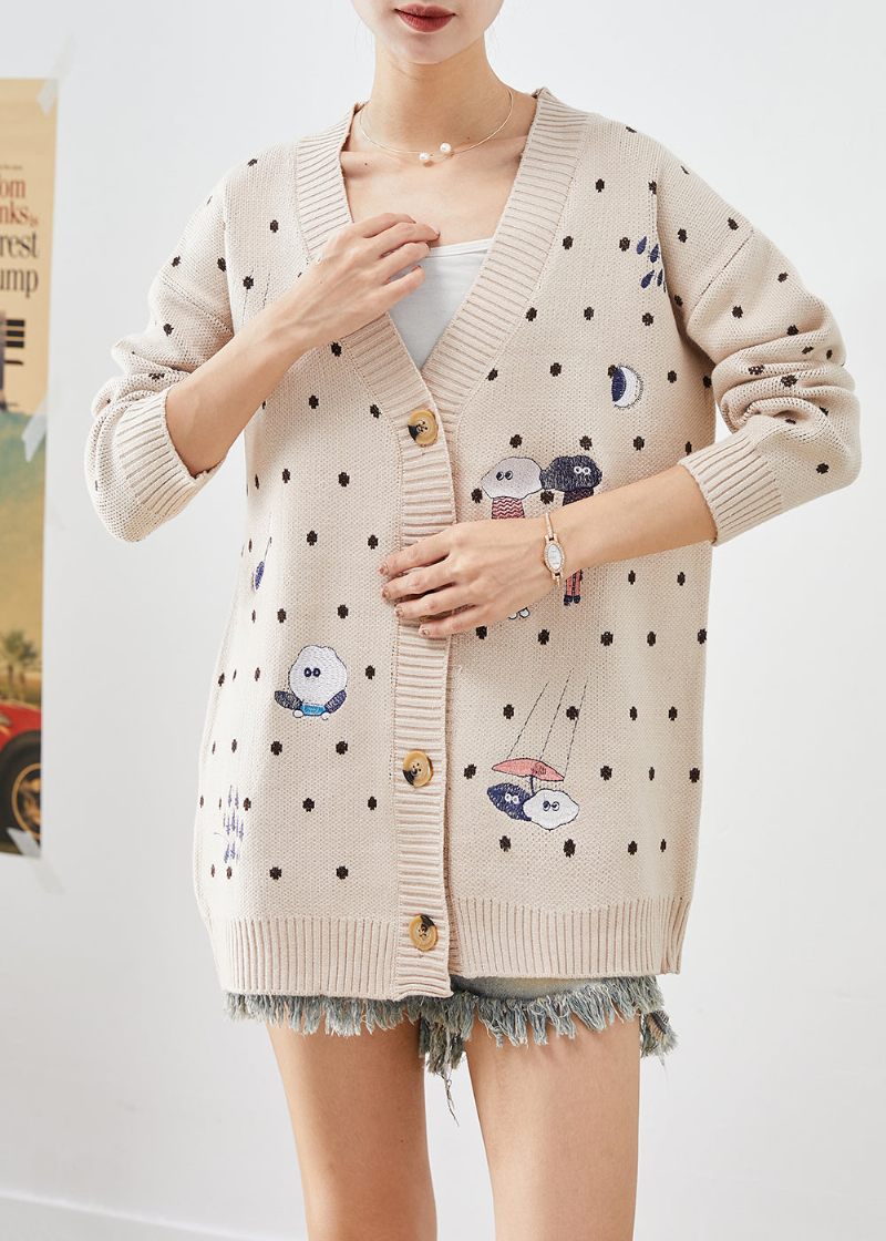 Håndlavet Beige Oversized Tegneserie Print Strik Cardigan Efterår - Dame cardigans