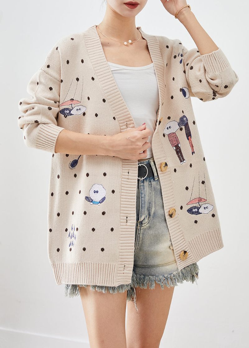 Håndlavet Beige Oversized Tegneserie Print Strik Cardigan Efterår - Dame cardigans