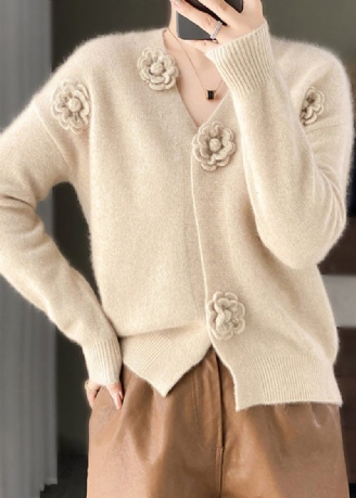 Håndlavet Beige V-hals Blomsterhæklet Cashmere Strik Cardigan Spring