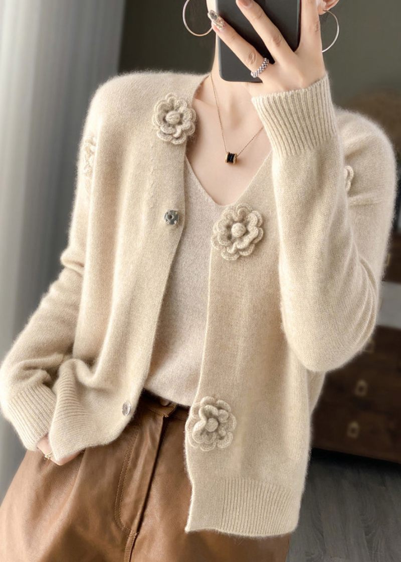 Håndlavet Beige V-hals Blomsterhæklet Cashmere Strik Cardigan Spring - Dame cardigans