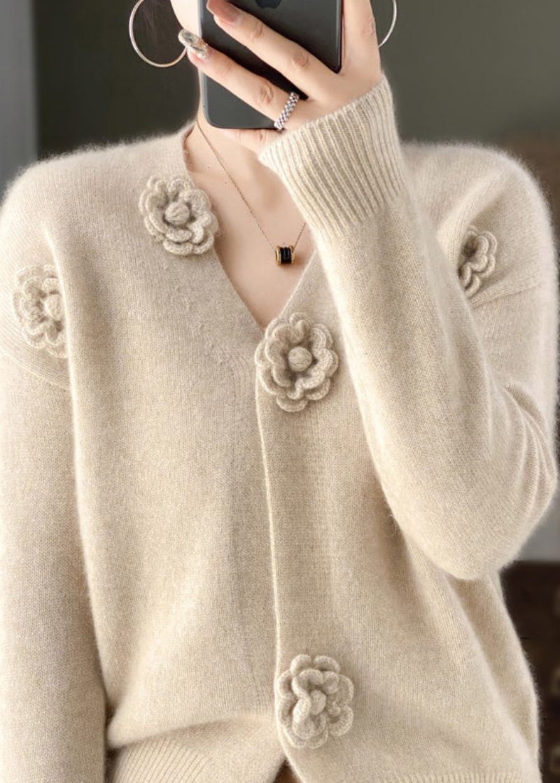 Håndlavet Beige V-hals Blomsterhæklet Cashmere Strik Cardigan Spring - Dame cardigans