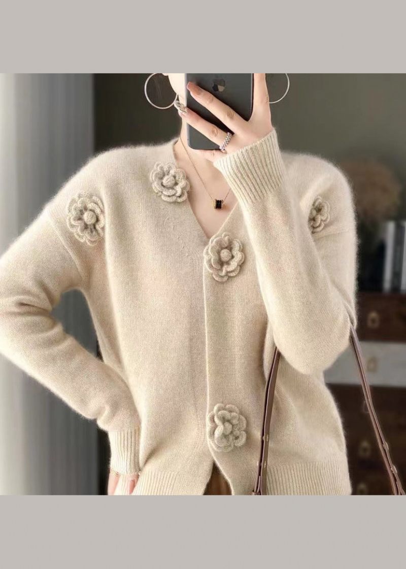 Håndlavet Beige V-hals Blomsterhæklet Cashmere Strik Cardigan Spring - Dame cardigans