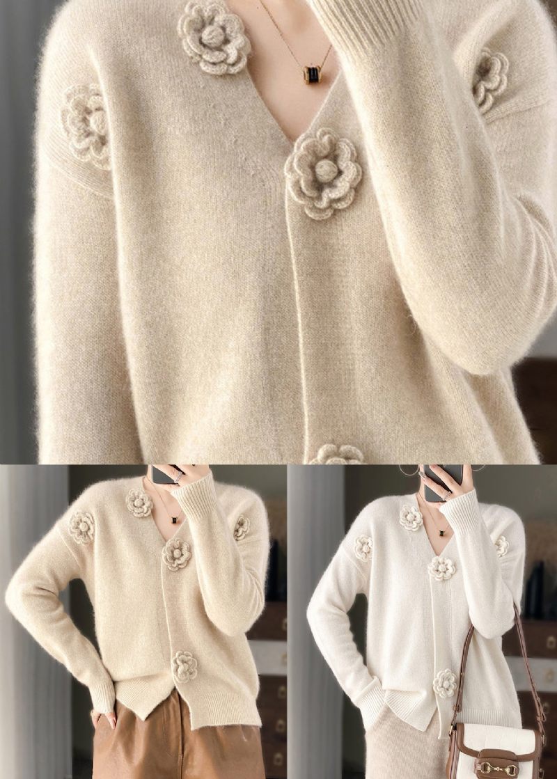 Håndlavet Beige V-hals Blomsterhæklet Cashmere Strik Cardigan Spring - Dame cardigans