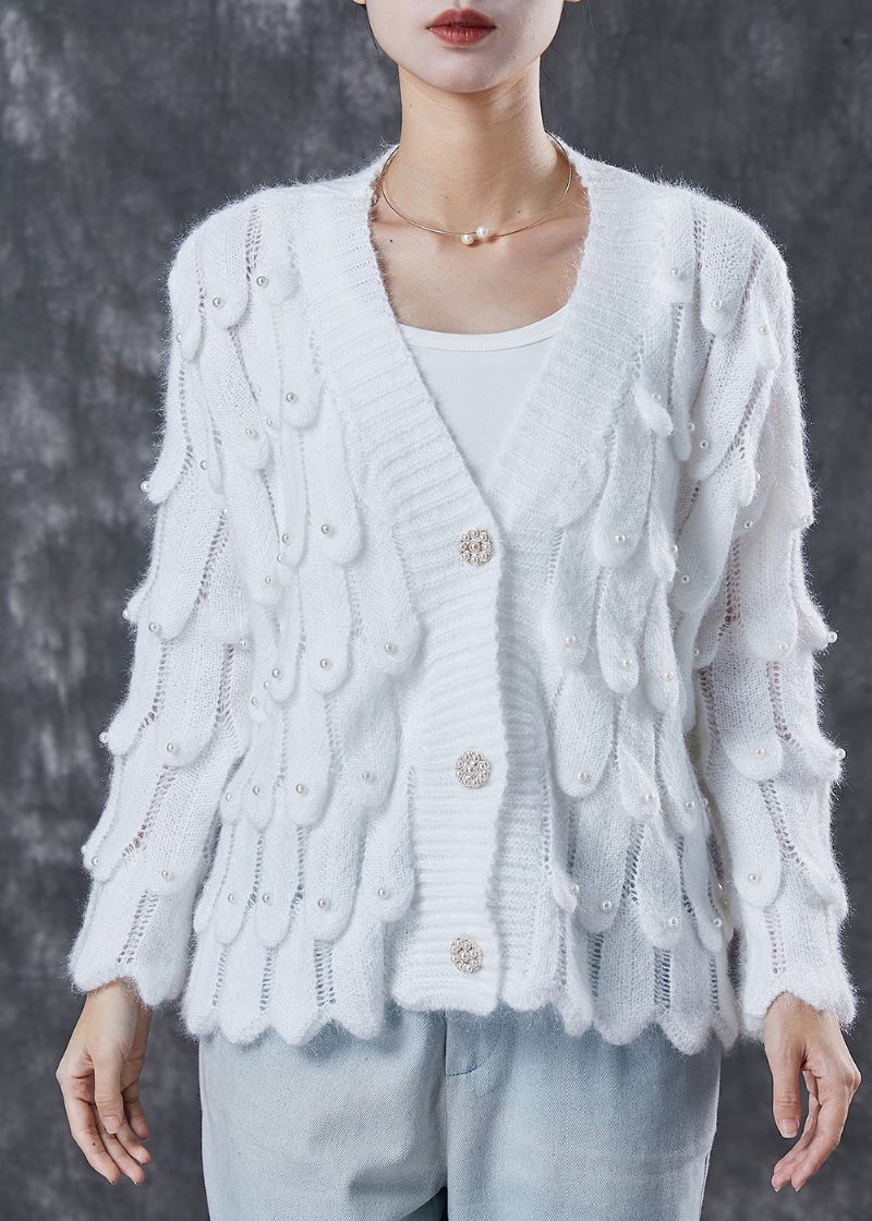 Hvid Cozy Knit Cardigan V-hals Nail Bead Spring