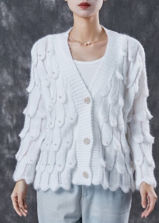 Hvid Cozy Knit Cardigan V-hals Nail Bead Spring